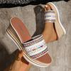 Women's Chunky-Soled Flip-Flops with Wavy Patterned Colorful Woven Straps and Round-Toe Straight-Cut Design