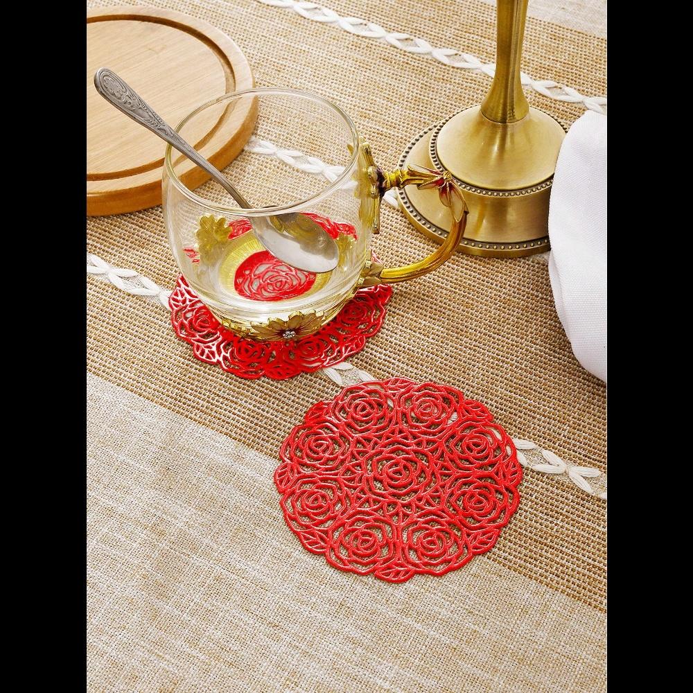 1pc Cocktail Coasters, Round Rose Hollow Coasters, Washable, Easy To Clean, Non-Slip, Heat-Resistant Suitable For Dining Table Decor, Home Decor