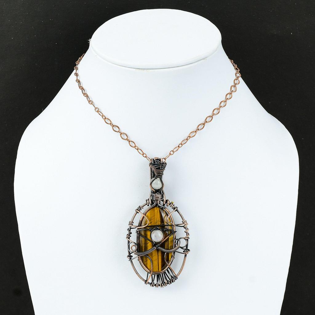 Pingente de pedra preciosa olho de tigre olho mau fio de cobre enrolado pingente feito à mão designer jóias presente para a mãe jóias de pedra da lua arco-íris