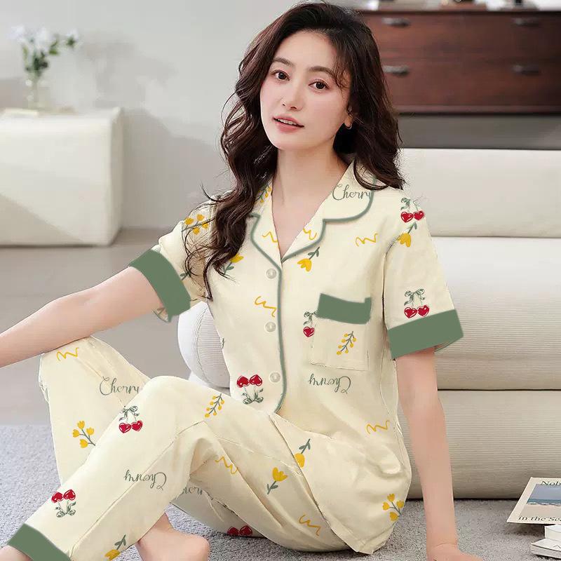 Sweet high-end pajamas women's summer imitation cotton short-sleeved trousers new medium mother large-size loungewear