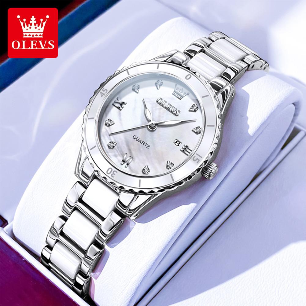 OLEVS 9985 Elegance Dámské Originální Quartzový Strojek Hodinky Keramická Ocel Okénko s Datem Diamantové Svítící Vodotěsné Hodinky
