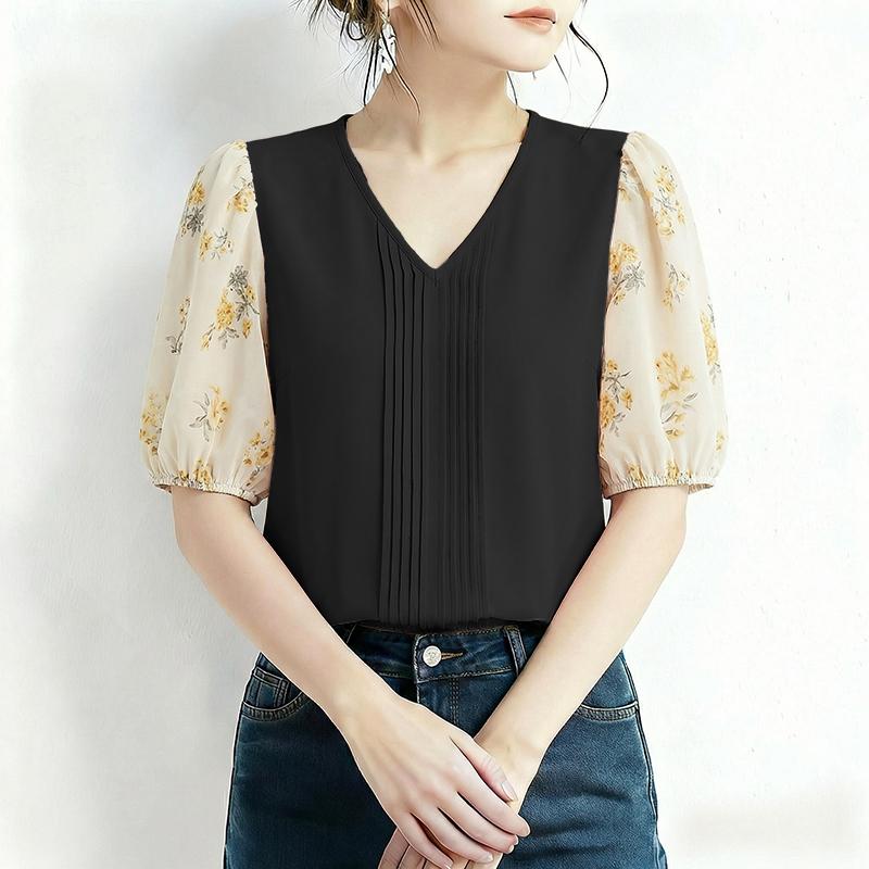 ZANZEA Women Casual V-neck Loose Floral Print Splice Short Sleeve Blouse S чёрный