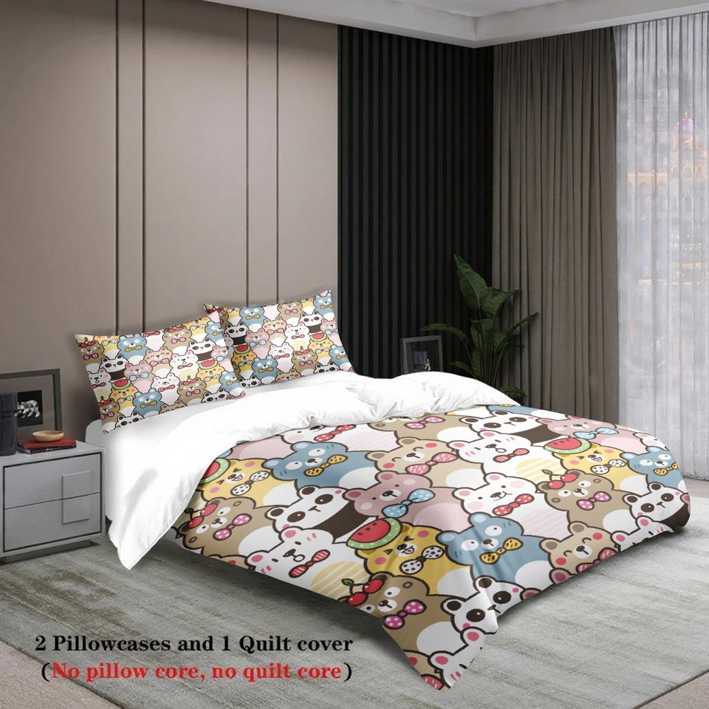 3Pcs Bear Bowknot Bedding Sets 3D Printed Cute Cartoon Bear Dormitory Twin Size For Students Duvet Cover Sets With 2Pillowcases