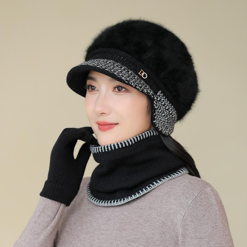 Dicke warme Wintermütze für Damen, Ohrenschützer Kaninchenfell Strickmütze, Kälteschutzmütze zum Reiten