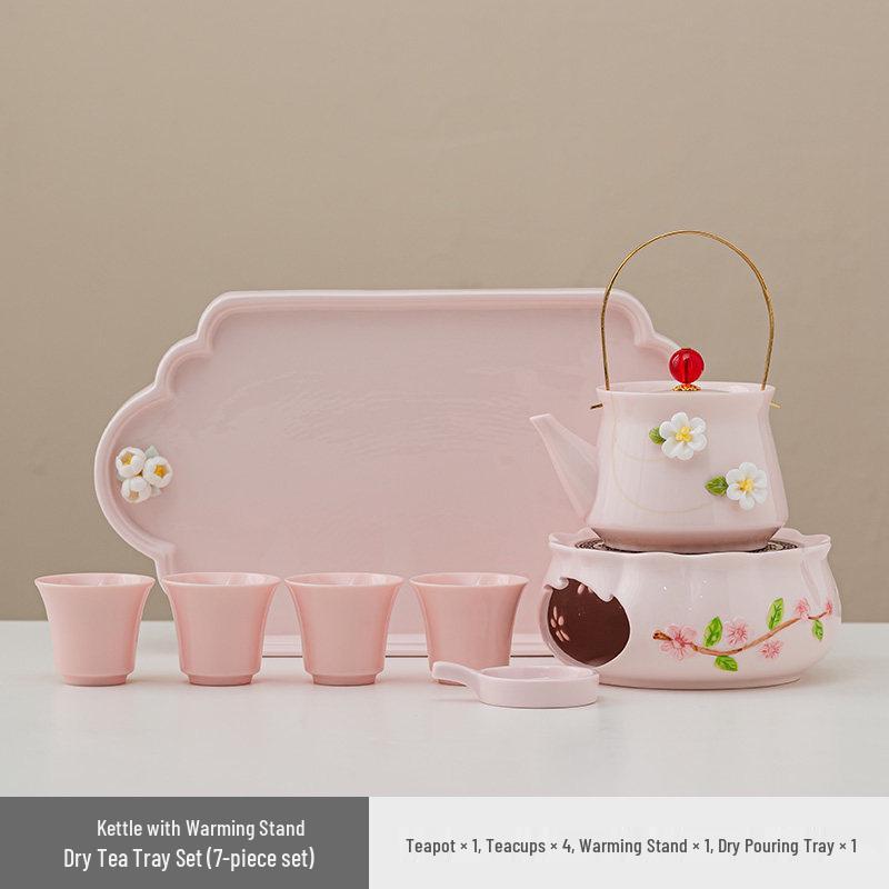 Women's Pink Ceramic Gongfu Tea Set with Teacup, Saucer, and Floral Handle Pot