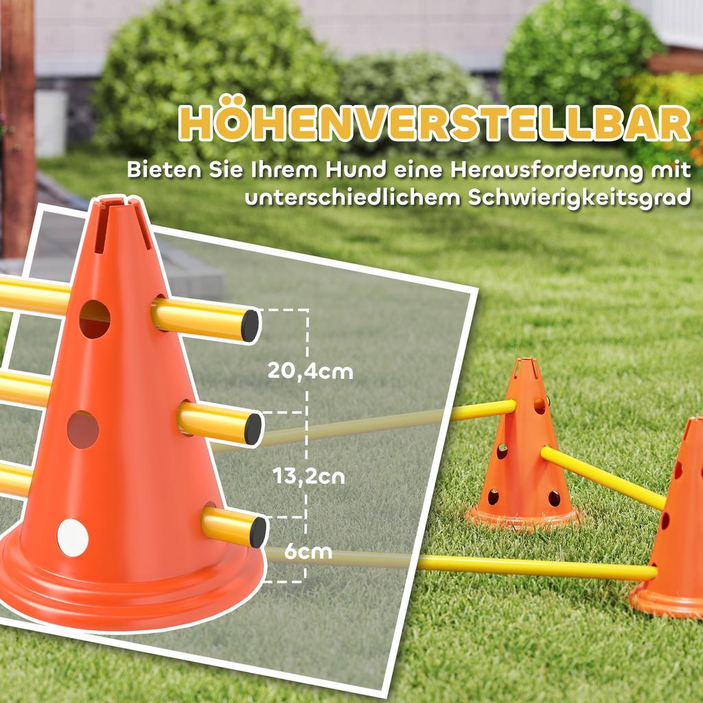 Dog Agility Equipment Set of Six Cones, Six Poles with Carry Bag, Three-Piece Adjustable Height Jumping Obstacles Orange