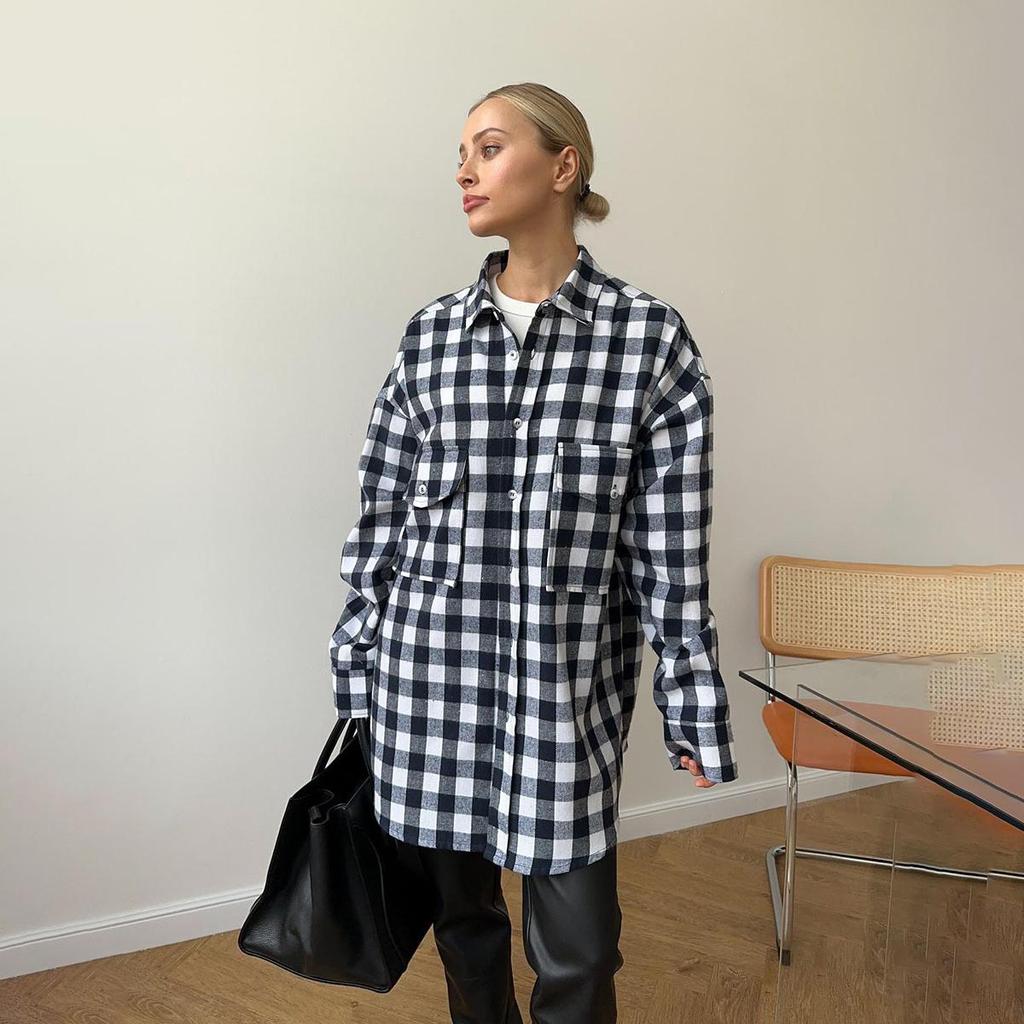 Frauen Frühling Herbst Temperament Plaid Anzug Kragen Langarm Hemd Blusen