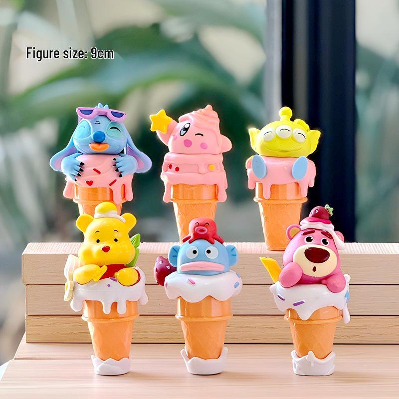Big Star Ice Cream Cones 6-Piece Set: Trendy Anime Figures - Winnie, Strawberry Bear, Stitch, and Three-Eyed Monster