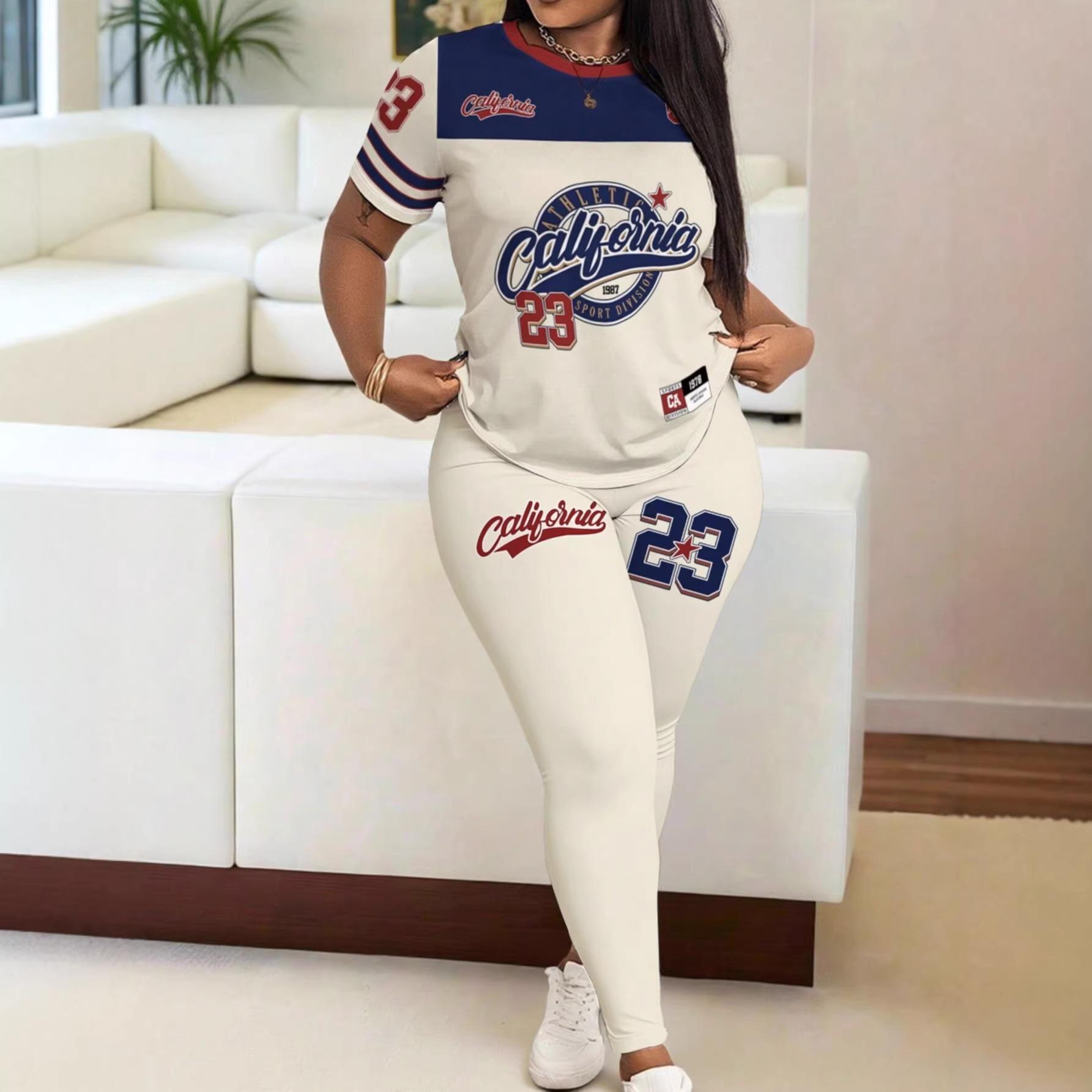 Women s 2-Piece Shirts & Long Pants Set Short Sleeve Printed T-Shirts Sport Pants L абрикосовый