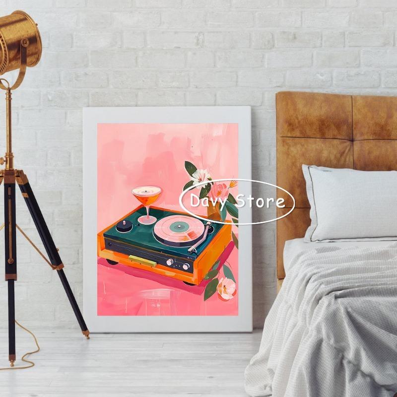 Vintage Record Player Cassette Tape Music Poster Eclectic Pink Wall Art Print Retro Canvas Painting Bar Home Decor Aesthetic