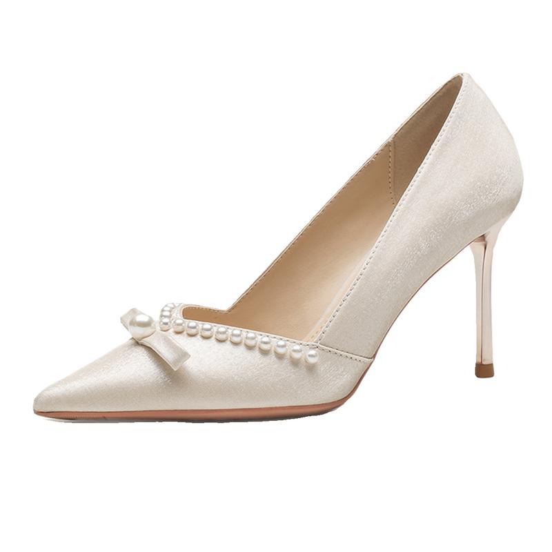 Fashion French High Heels Women With 2024 New Bride Shoes Flower Wedding Shoes Pointed Shallow Mouth Single Shoes