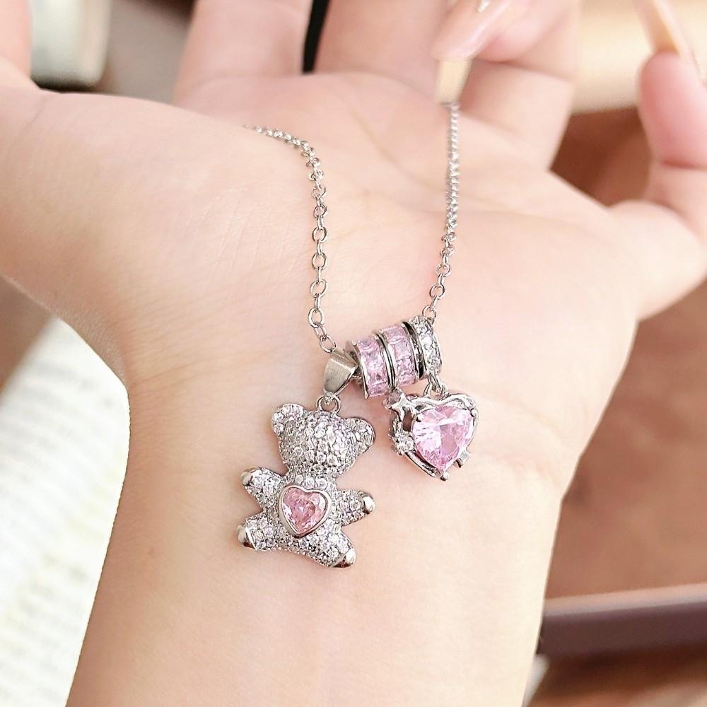 Metal Heart Bear Necklace Adjustable Collarbone Chain Durable Pendant Necklace  Gift Giving