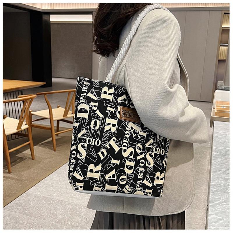 Stylish Large Canvas Tote Bag with Letter Print and Rope Handles for Work and Commute