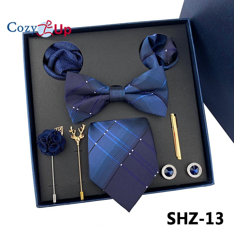 7 KS Klasická pánská kravata sada Paisley Stripe kravata pro muže Kapesní čtvercový motýlek Brož manžeta Dárková krabička ke Dni otců