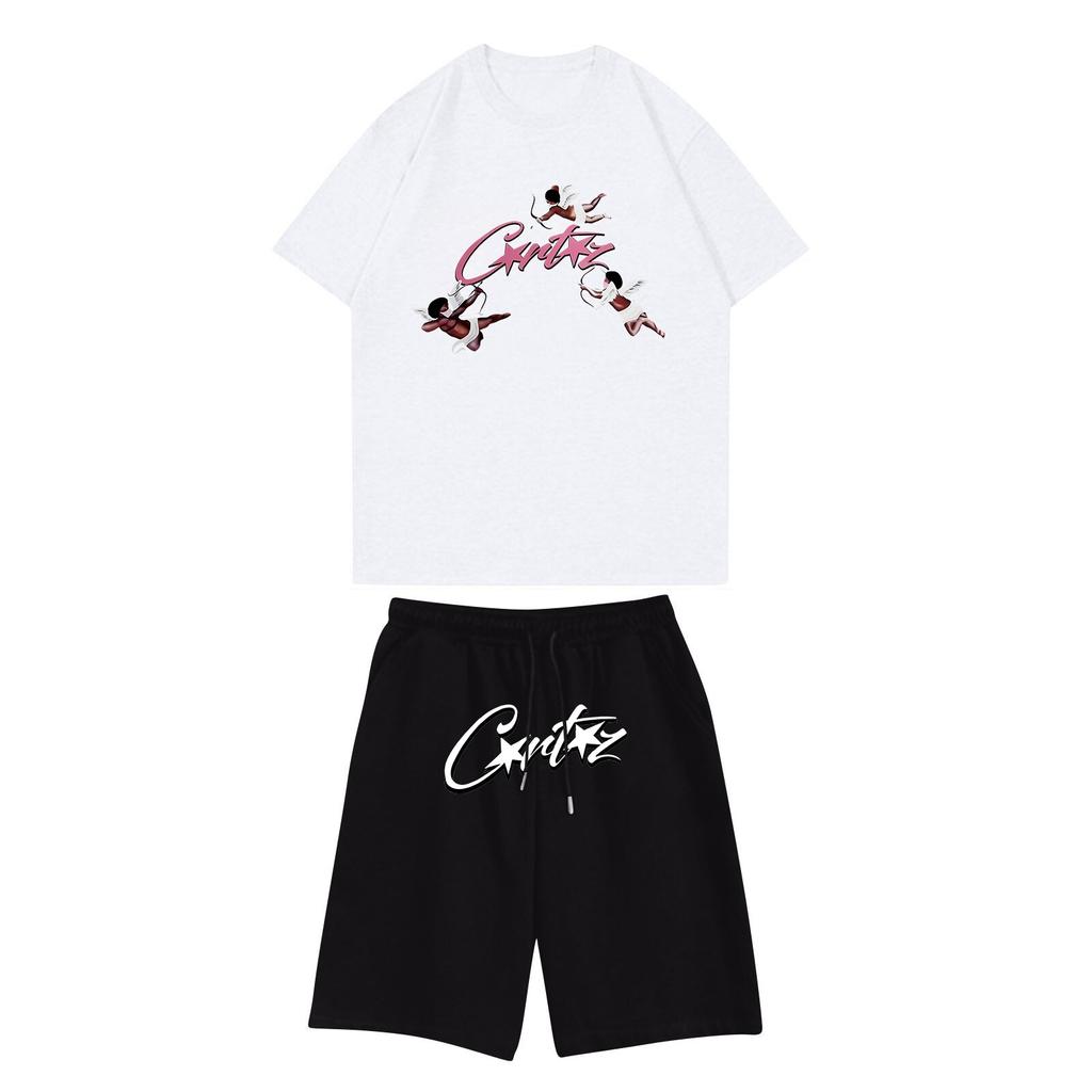 Unisex Jogging Set Summer Casual Printed Round Neck Short Sleeve T-Shirt + Shorts Set Sports Suit