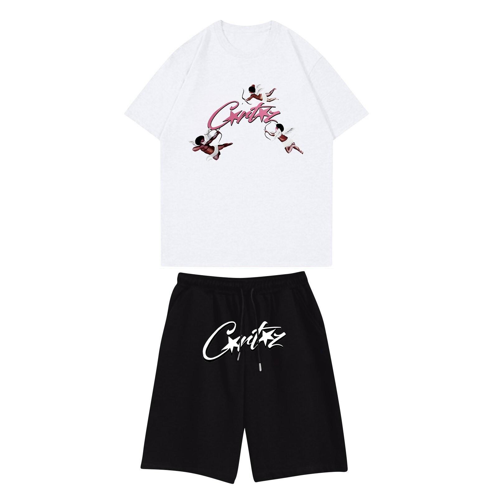 

Unisex Jogging Set Summer Casual Printed Round Neck Short Sleeve T-Shirt + Shorts Set Sports Suit S білий