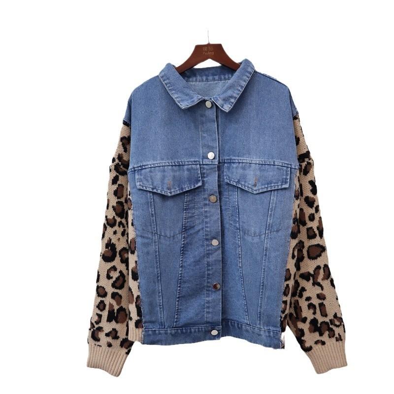 Splicing denim leopard print knitted cardigan autumn and winter new loose casual design temperament sweater jacket women