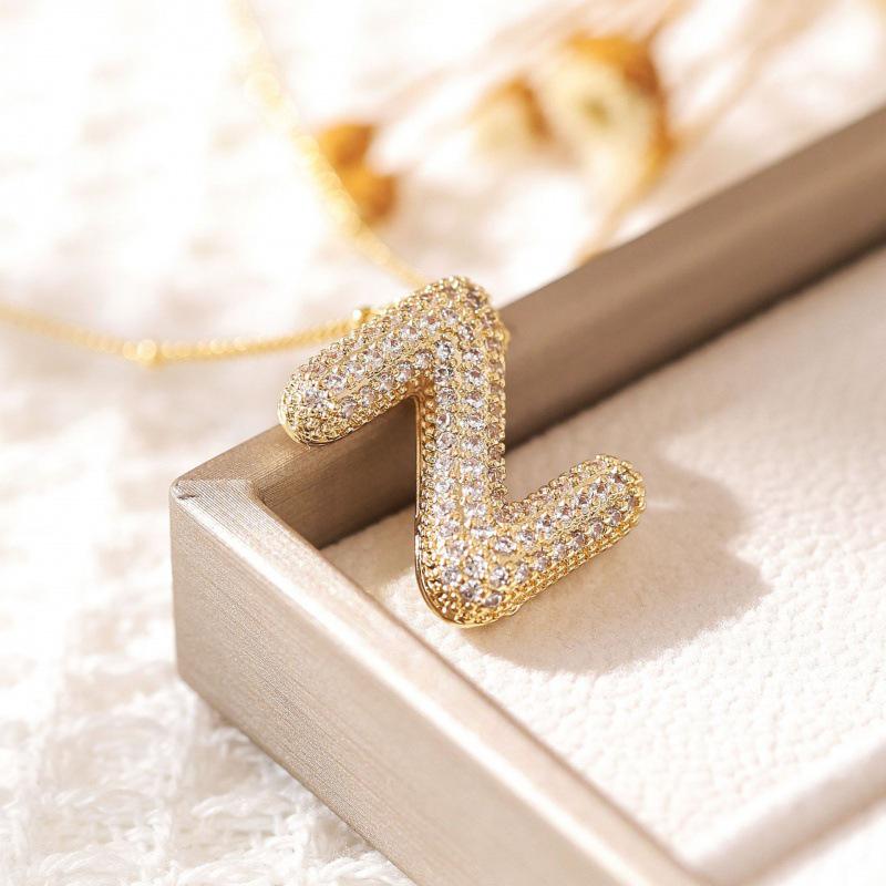 26-Letter Alphabet Pendant Necklace with Copper Clavicle Chain and Micro-Inlaid Zircon