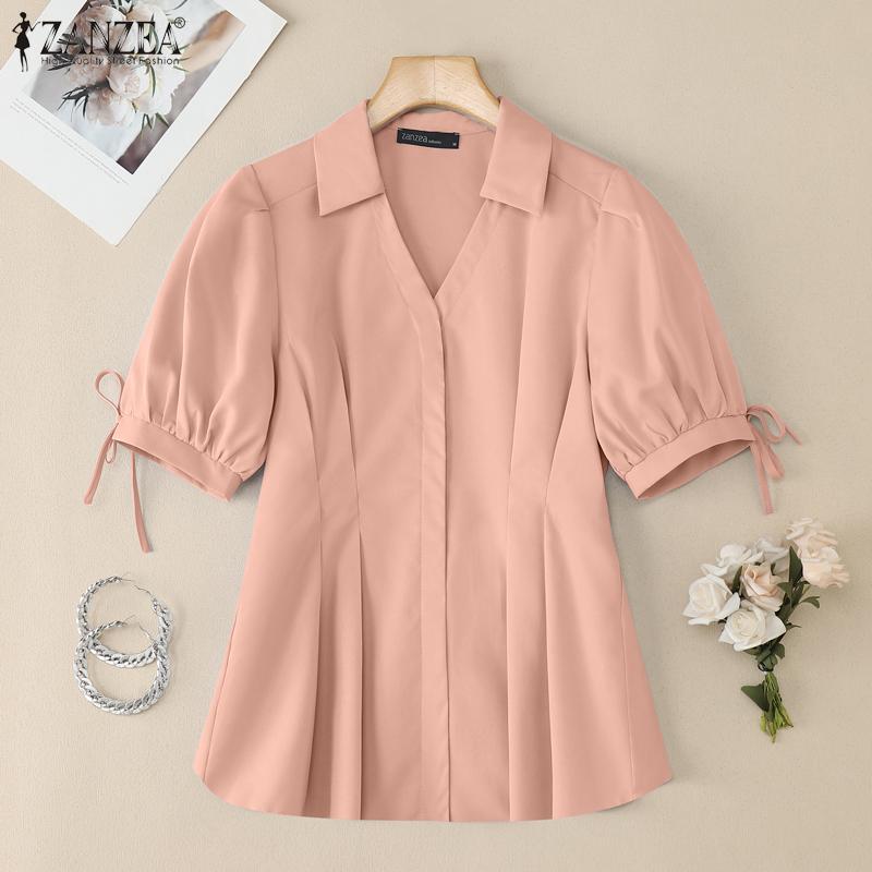 ZANZEA Women Turn Down Collar Summer Casual Short Sleeve Blouse