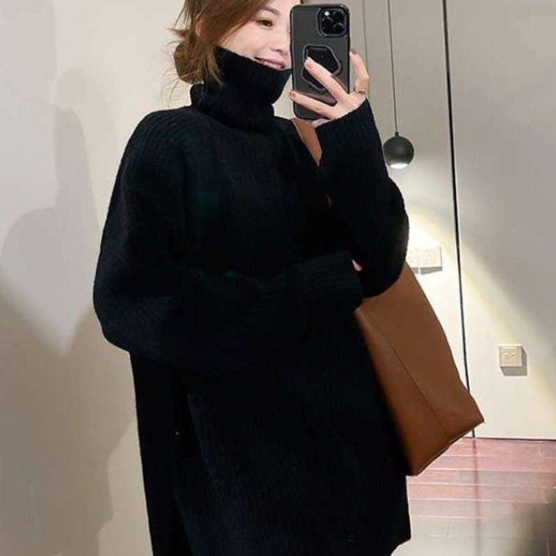 Khaki turtleneck lazy sweater women's autumn and winter new design sense split fork medium and long bottom top