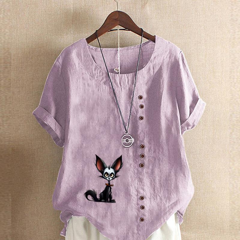 Women's Fashion Cute Fox Prined Short Sleeve T-shirt Loose Cotton Shirt Casual Loose Summer Blouse Tops Plus Size