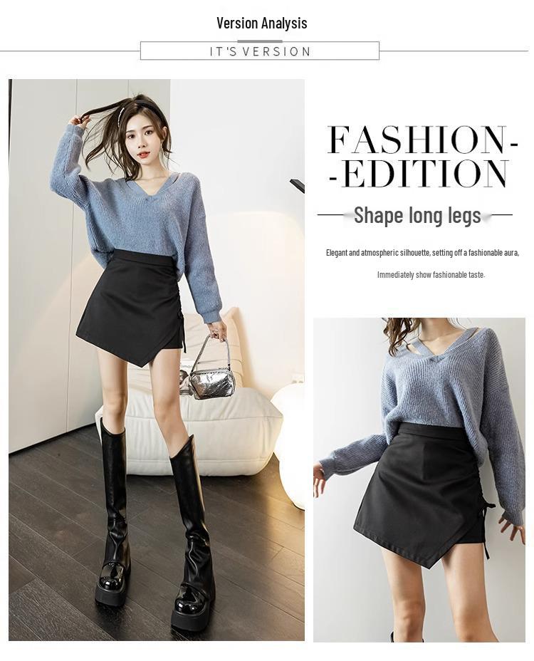 A-line Pleated Irregular Midi Culottes Skirt, High Waist, Slimming, Hip-Hugging, Women's Spring/Autumn 2024