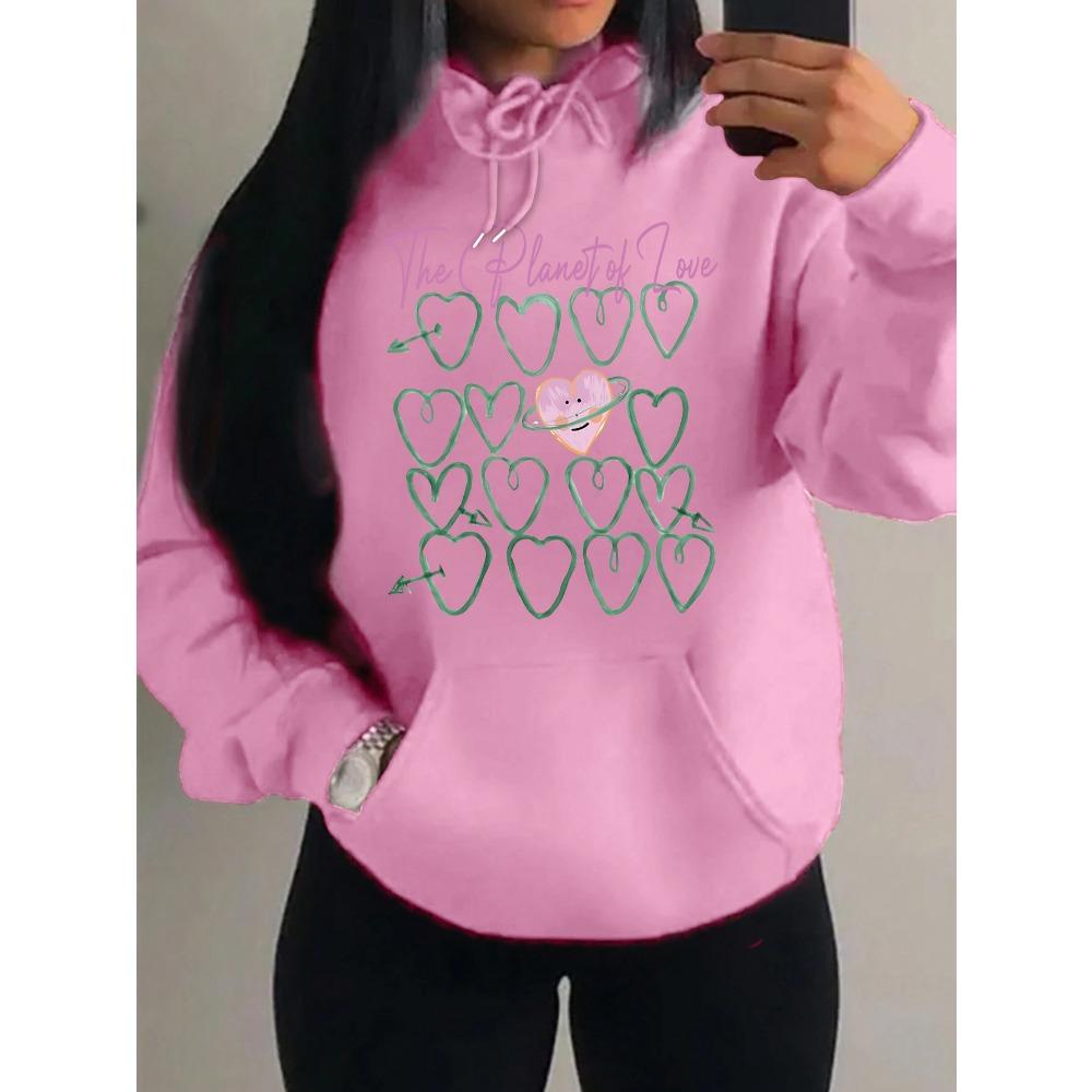 Der Planet der Liebe Kreatives Herz Bedruckter Damen Hoodie Street Pocket Y2K Streetwear Fleece Kapuzenpullover Lässig Mehrfarbig Pullover