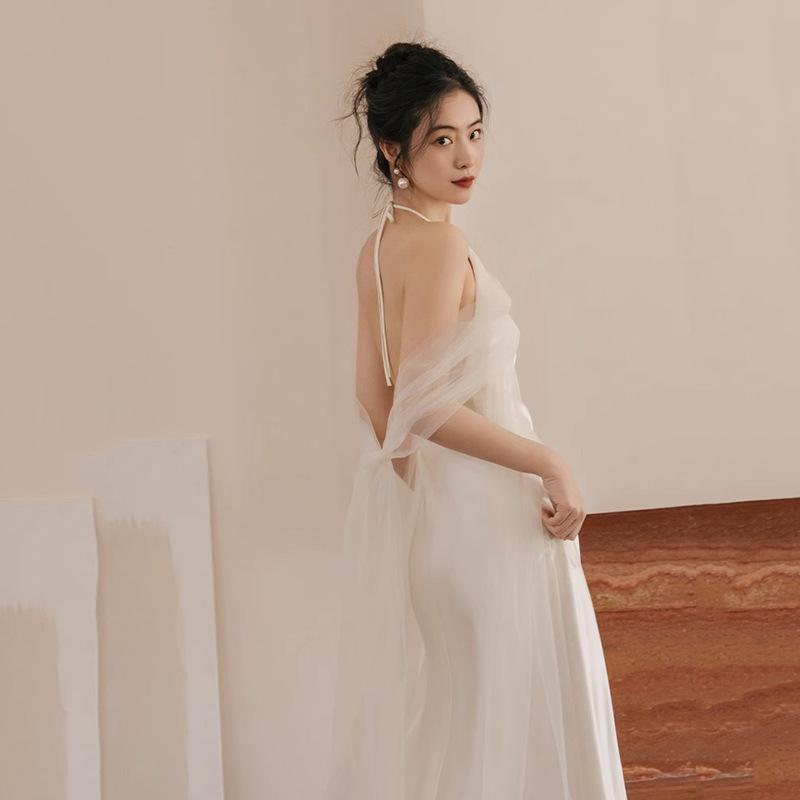 Korean Light Wedding Dress Champagne Morning Gown Dress 1011 Summer New Bridal Travel Photo Neck Sling Wedding Dress