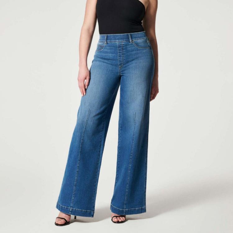 Trendy Women Casual Wide Leg Jeans Solid Color Seamed Front Trousers Fashion New