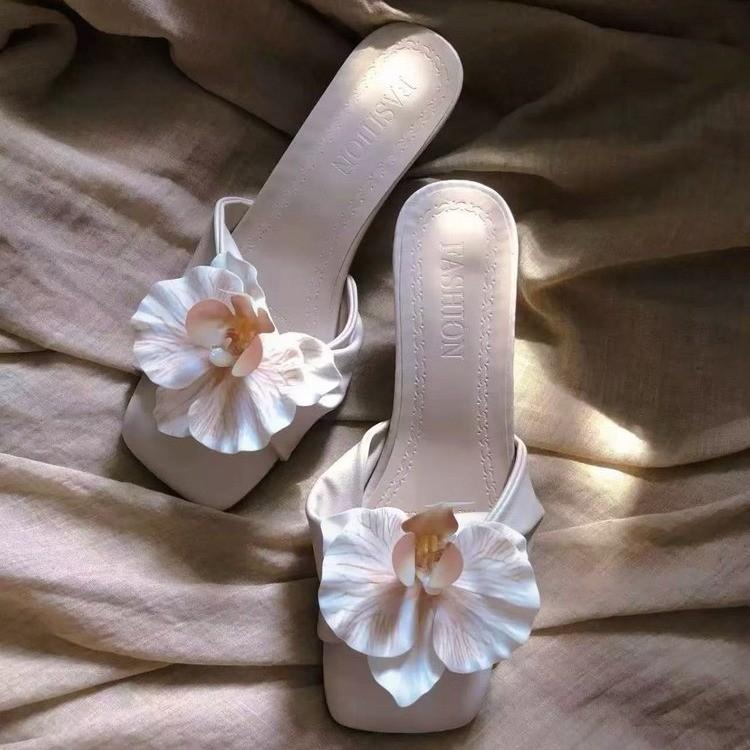 Fashion Women's Fashion Fine Heel Flip-flops Summer New Square Head Open Toe Flower Set Foot Anti-slip Wear Heel Shoes