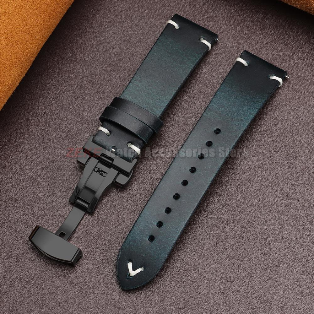 Vintage Oil Wax Leather Watch Band 18mm20mm 22mm Bracelet for Seiko Butterfly Buckle Stitching Cowhide Strap for Omega Watchband