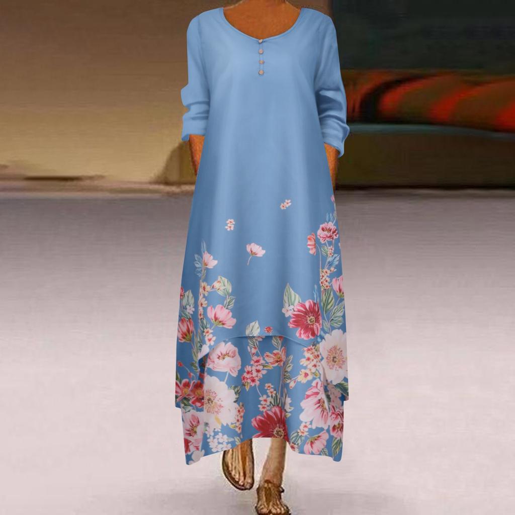 Womens Long Sleeve Floral Print O Neck Long Sleeve Irregular Loose Splice Maxi Dresses