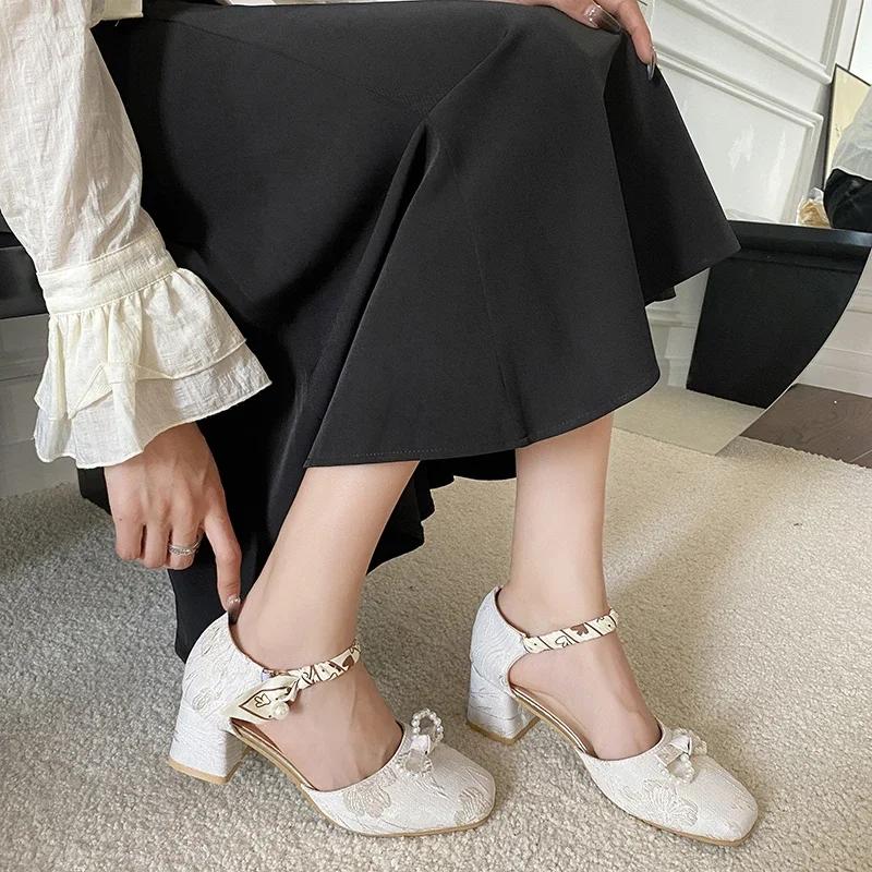 Fashion Beaded Bow Mary Janes High Heels Shoes Women Print Random Summer Sandals 2024 Lolita Dress Pumps Square Toe Femme Zapatillas