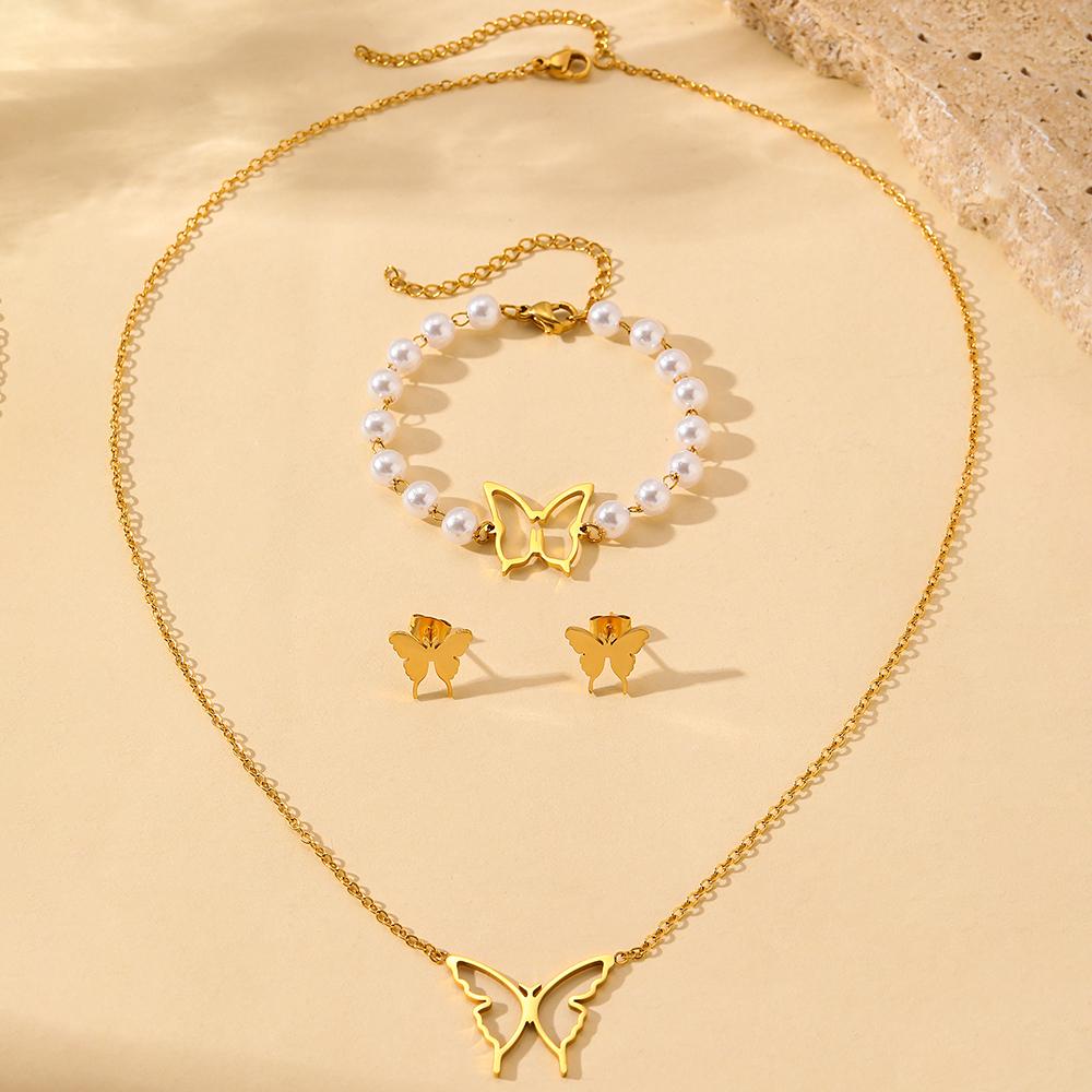 Stainless Steel Jewelry Set Necklace Earrings Pearl Bracelet Skeleton Butterfly Simple Design Jewelry Set For Women Jewelry Gift