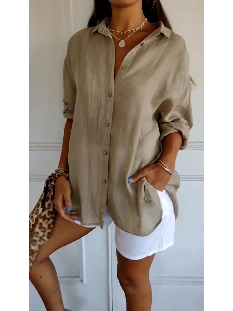 2024 Damen Einfarbiges Plissee-Revershemd mit Aufkrempelärmeln - Europäischer & Amerikanischer Stil