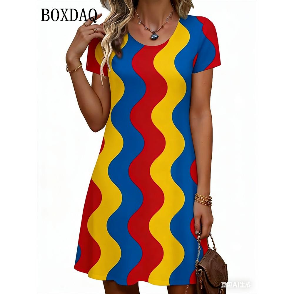

Polka Dot Striped Print Dresses For Summer 2026 New Fashion Women Clothing Loose Elegant Ladies Casual Short Sleeve A-Line Dress XL