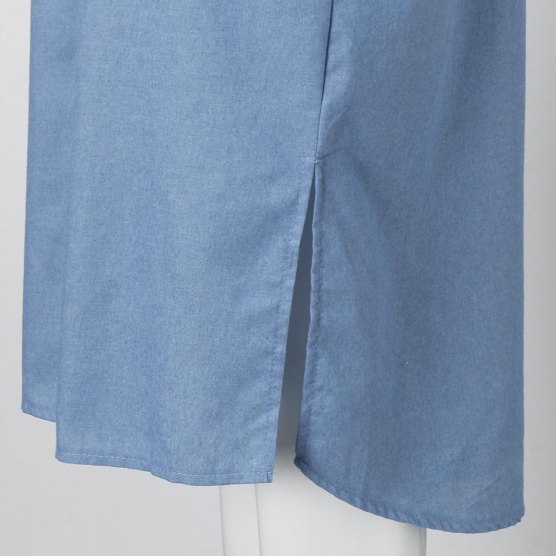 Women's Fashion Solid Color Denim Short-sleeved Dress Mid-length Slit Shirtdress