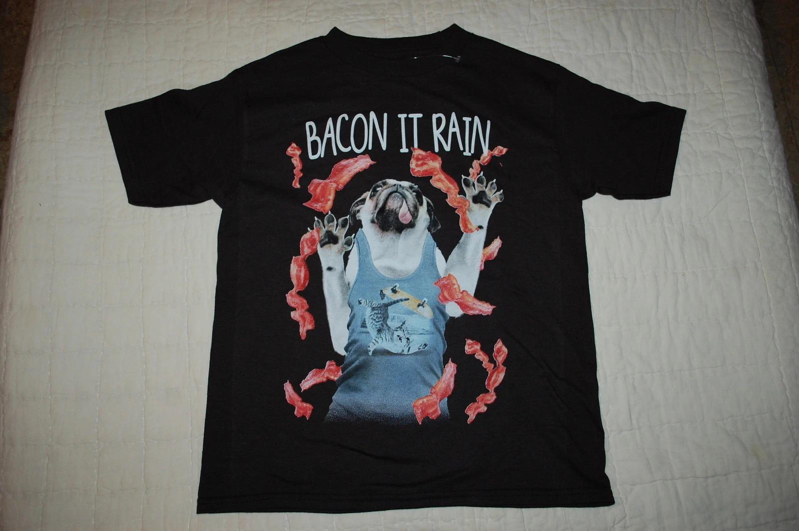 Boys T-Shirt PUG DOG CATCHING BACON WEARING CAT SHIRT  Bacon It Rain  MED / 8 160