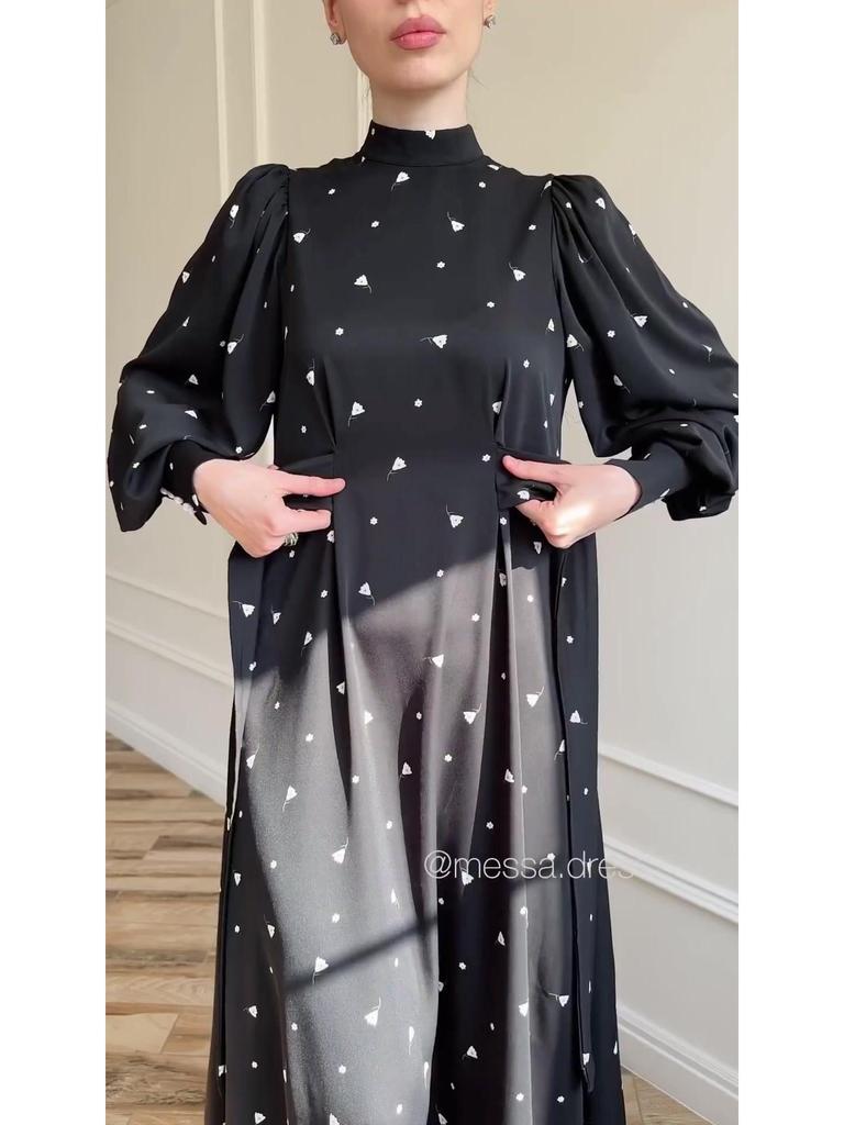 2025 Spring Loose Tie Floral Satin Long Sleeve Dress