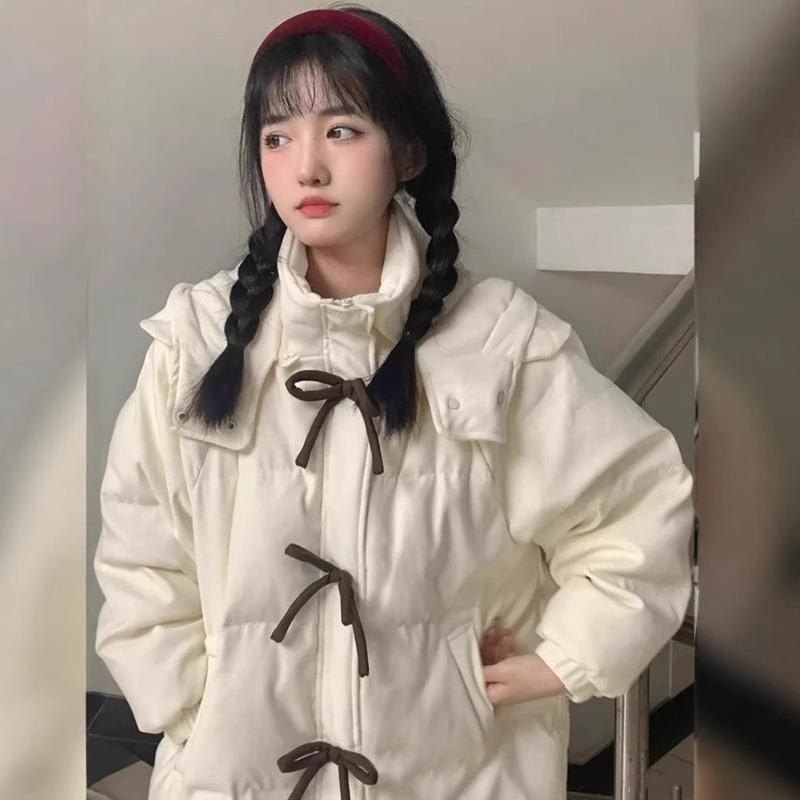Bow white down jacket women's winter new sweet loose college style thickened cotton jacket small trendy