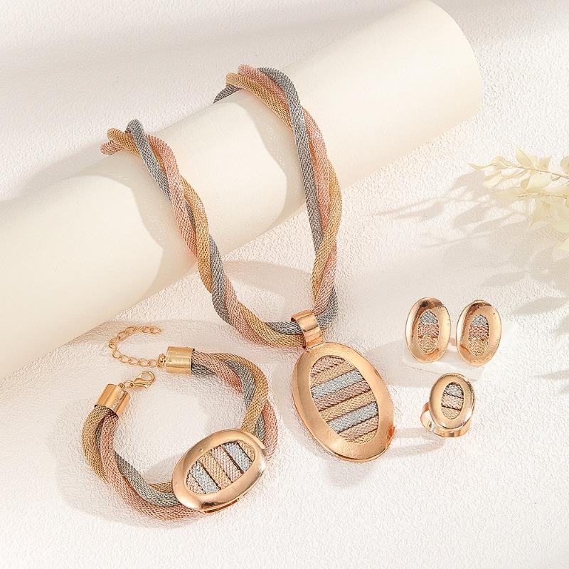 24k Women's Gold Plated Jewelry Suit Mesh Chain Necklace Earrings Ring Bracelet