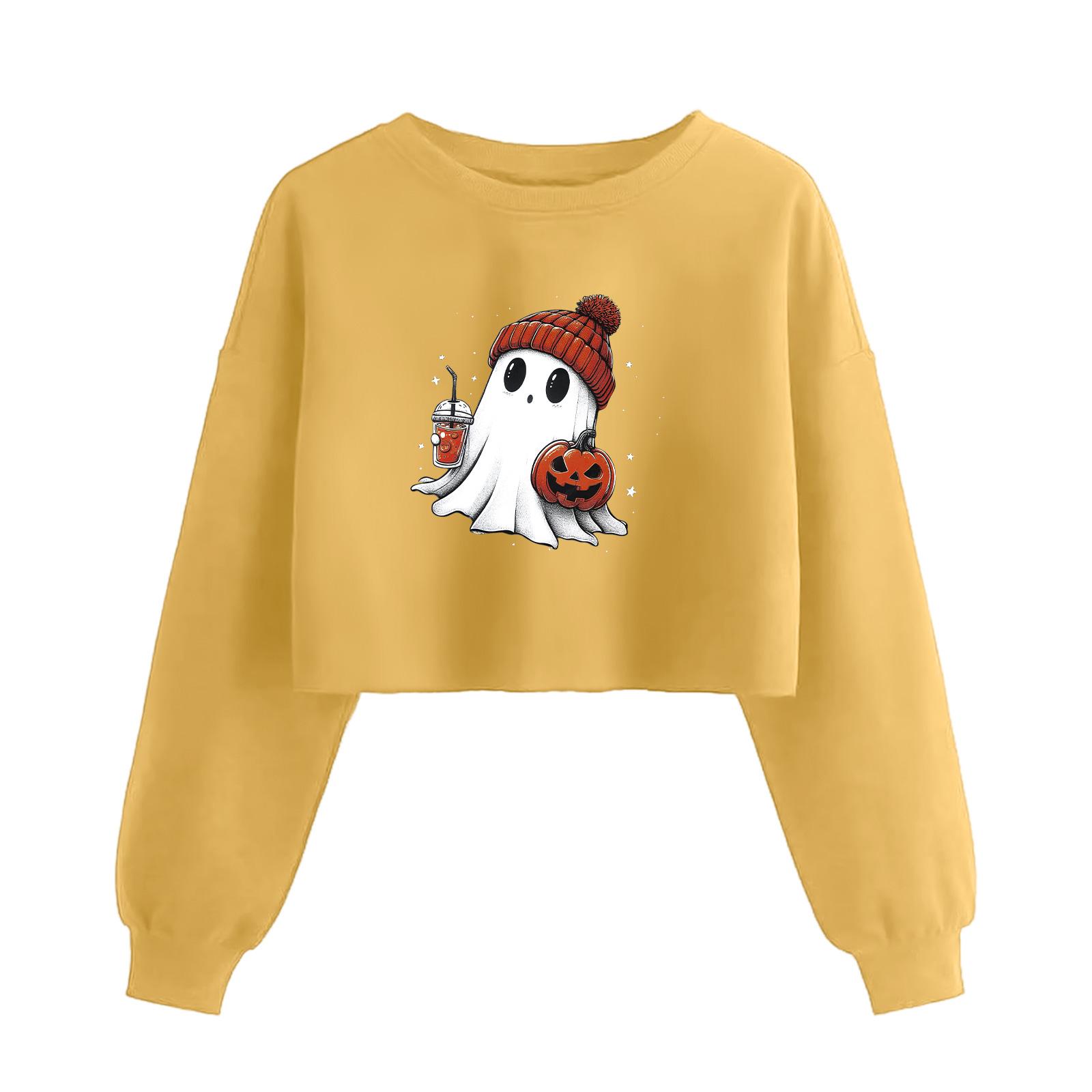 

Женский модный пуловер с длинным рукавом и принтом на Хэллоуин, открывающий живот XL жёлтый