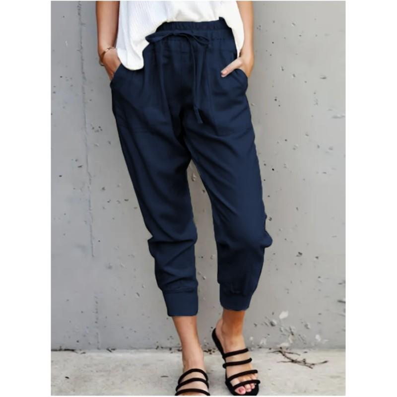 Women's Summer Solid Color Simple Casual Tie Pants Mid Waist Commuter Slim Nine Minute Pants