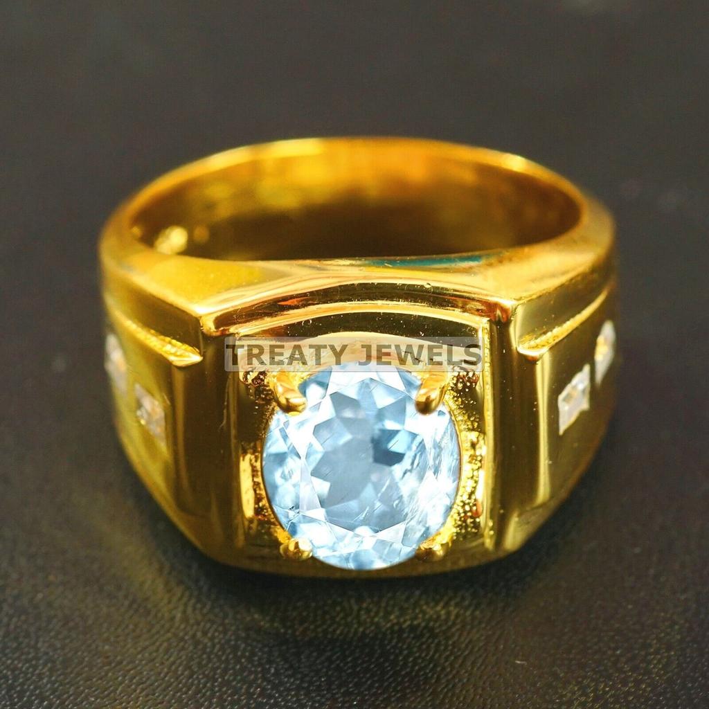 Aquamarine Oval Cut With 925 Sterling Silver Gold Plated Ring For Men's #A736 JL375659042889