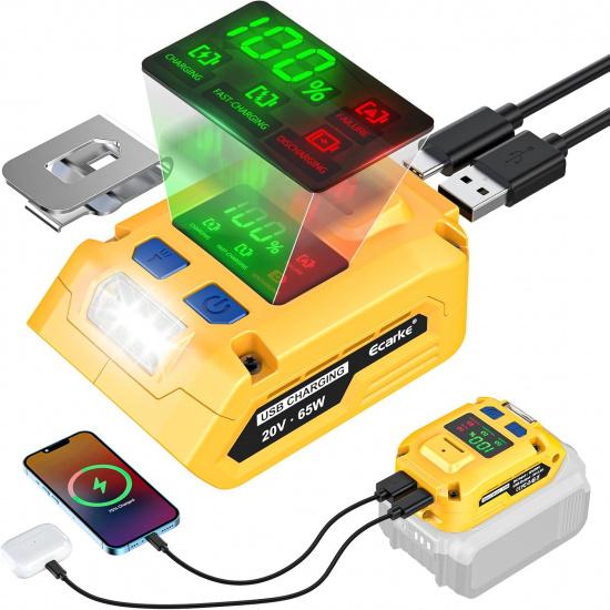 Зарядное устройство для аккумулятора DeWALT 20V: с USB-адаптером для настенной зарядки - 65 Вт Портативный адаптер-зарядное устройство 20 В для зарядки аккумулятора, телефона, ноутбука