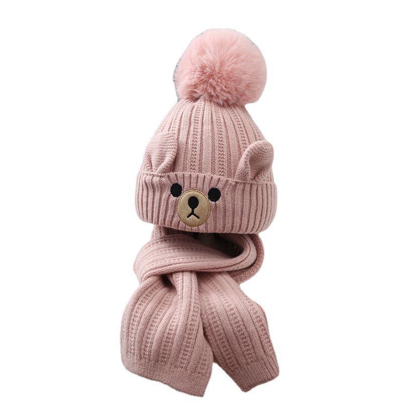 Kids' Wool Hat & Scarf Set with Fleece Lining, Cute Korean Style Pullover for Boys & Girls