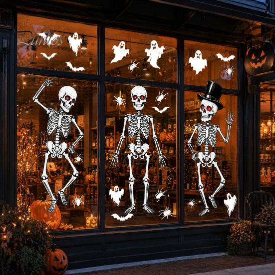 Long-lasting Color Glass Decal 3Pcs Halloween Skeleton Stickers, Waterproof PVC Window Clings, Static Decals, Rent-friendly Removable Stickers