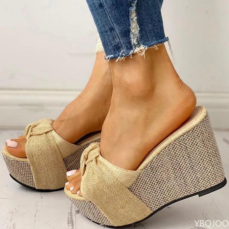 Fashionable Fish Mouth Cool Slippers New Slope Heel Summer Beach Shoes Solid Color Large Size Bow Decoration Sandals Daily