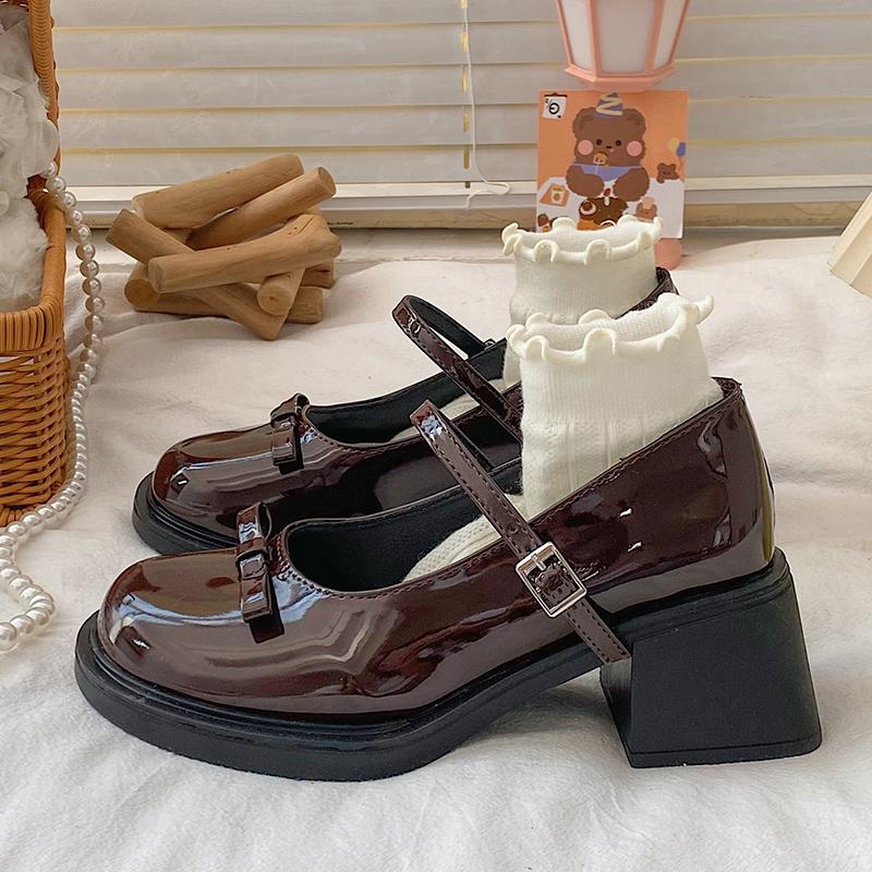 Patent Leather Jk Uniform Dress Shoes for Women Vintage Square Heels Mary Jane Shoes Woman Japanese Style Bow Buckle Strap Pumps