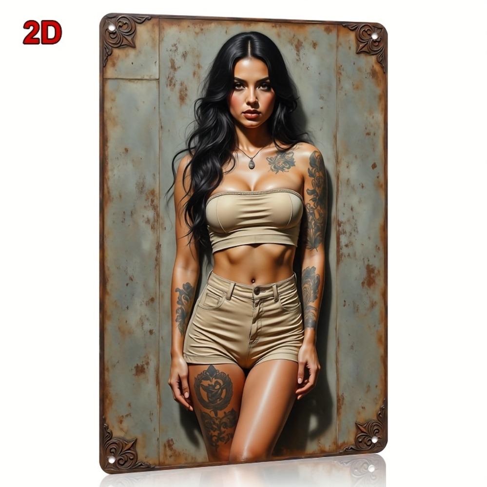 Vintage Tattoo Girl Metal Wall Art 8x12 Inch - Rustic Iron Decor Sign for Bar Cafe Bedroom Office - Retro Tattoo Inspired Room D